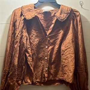 Universal Thread Rust Brown Button-Front Ruffle Collar Blouse